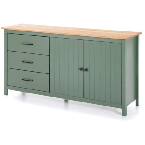 Buffet 2 portes 3 tiroirs 150x40x80 cm vert et naturel - BLUZA