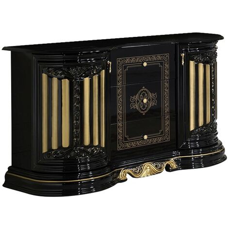 Buffet 2 portes 3 tiroirs bois vernis laqué brillant noir et doré Lesly 134cm