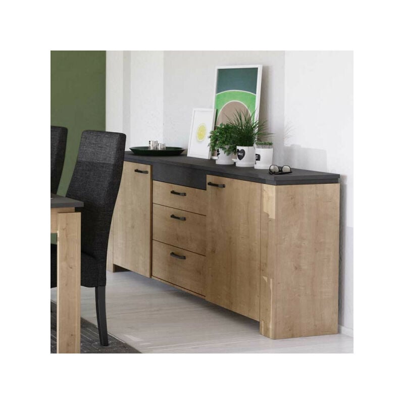 Buffet 2 portes 3 tiroirs Chêne/Béton ciré - stinau - l 204 x l 42 x h 87.8 cm