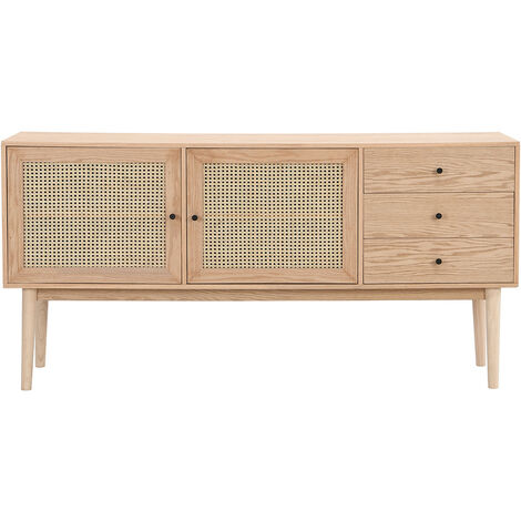 Buffet 2 portes 3 tiroirs en bois et cannage naturel 170 cm - Eden
