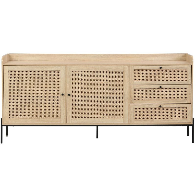 Buffet 2 portes 3 tiroirs en cannage naturel et effet chêne 180 cm - Iris