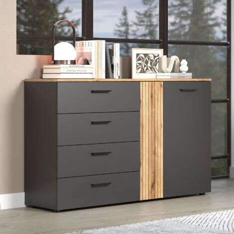 Buffet 2 portes 4 tiroirs 140x38x86 cm anthracite et naturel - NOCTYS