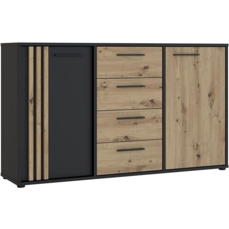 Buffet 2 portes 4 tiroirs – Décor chêne artisan et noir – Dimensions L142,6 x P34,2 x H82,3 cm – Poignées métal noir