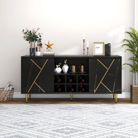 LBF Buffet 2 portes, 5 compartiment et 1 casier à vin, design patchwork noir et doré, pieds métal, 148 x 40 x 70 cm - Noir