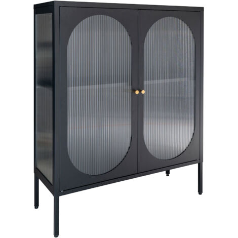 Buffet 2 portes 90x35x110 cm en verre et métal noir