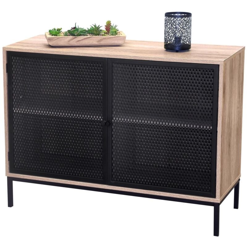 Buffet 2 portes avec grillage en métal noir – Coloris chêne clair, dimensions 100x40xH75 cm – Collection metalix