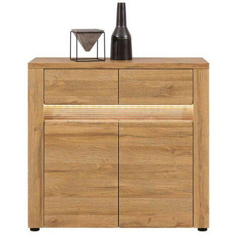 TMM Buffet 2 portes battantes 2 tiroirs Chêne à LED - BIELSKO - L 91,5 x l 40 x H 86 cm