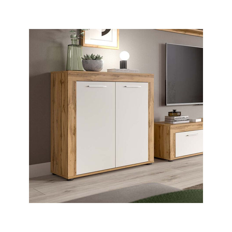 Buffet 2 portes battantes Blanc/Bois - maj - Dimensions : l 80 x l 35 x h 88 cm