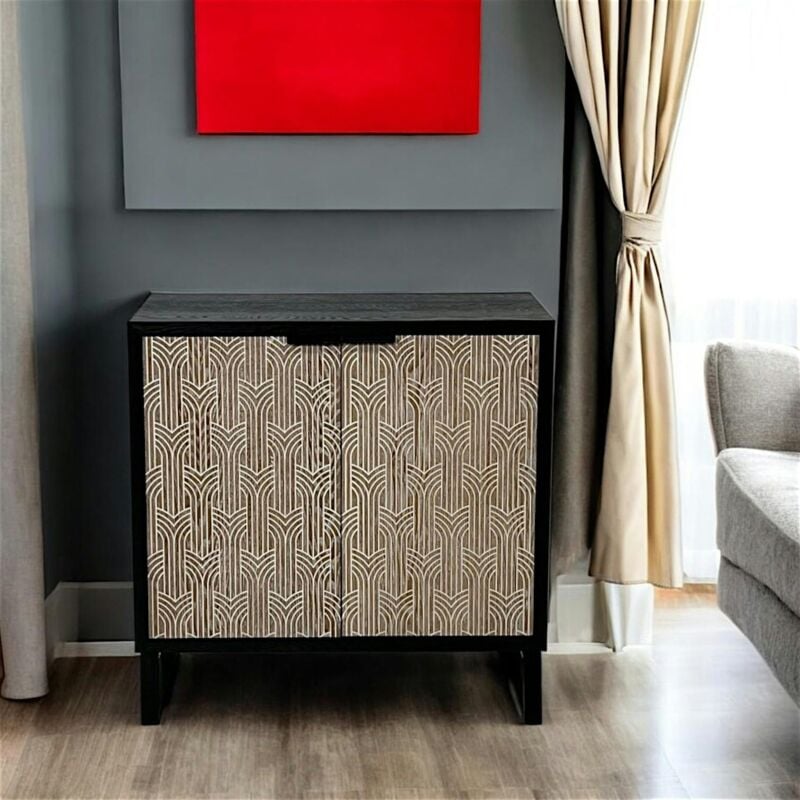 Buffet 2 portes bois et métal décor oriental