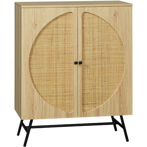 Buffet 2 portes cannage rotin avec étagère piètement métal noir aspect chêne clair