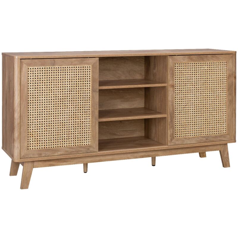 Sweeek - Buffet avec 2 portes coulissantes et étagères. effet bois et détails cannage. buffet bas. 150cm