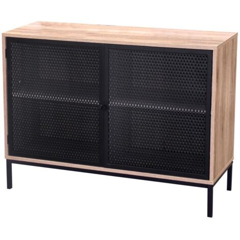 Buffet 2 portes en bois MDF et métal grillagé noir – Dimensions 100x40x75 cm – Épaisseur 15 mm – Étagères ajustables – Wadiga