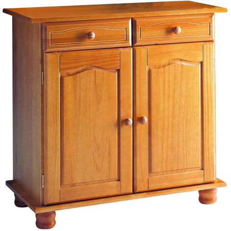 Buffet 2 portes en pin massif coloris miel - Longueur 88 x Profondeur 42 x Hauteur 86 cm