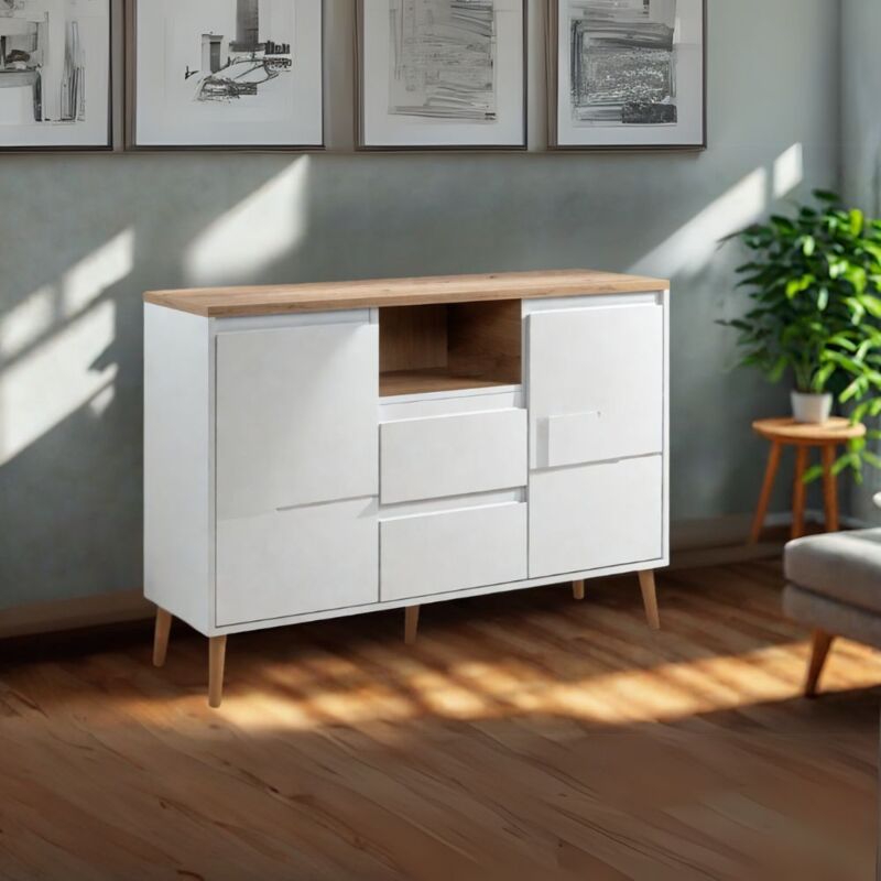 Buffet 2 portes et 2 tiroirs blanc avec plateau en chêne 120x85H cm - Lixxy