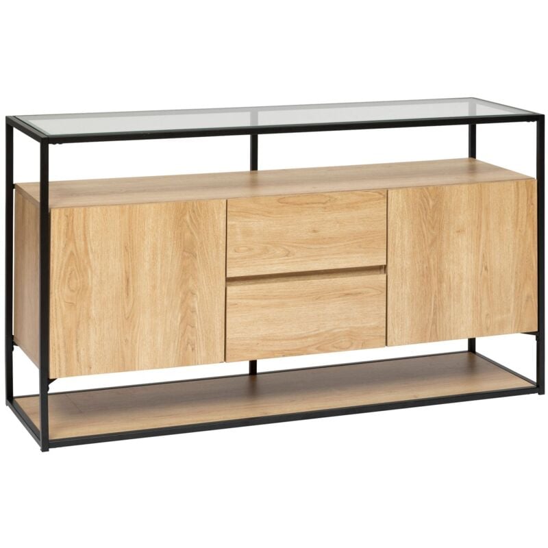 Buffet 2 portes et 2 tiroirs effet bois et verre aldea