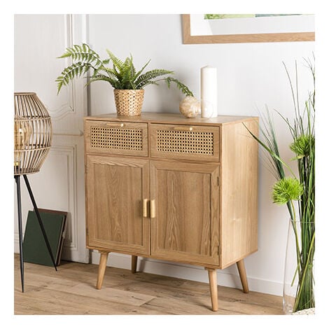 Buffet 2 portes et 2 tiroirs en rotin et bois naturel - MAGUY