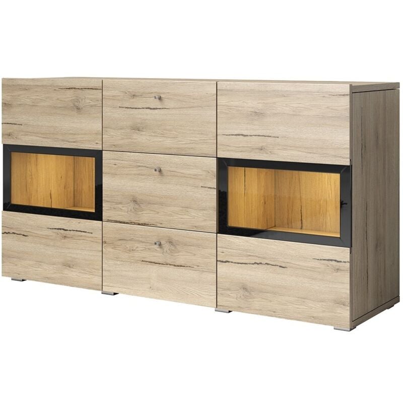 Buffet 2 portes et 3 tiroirs avec éclairage led intégré collection ramos. Coloris chêne et noir.