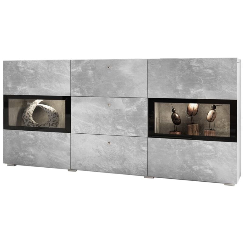 Meublorama - Buffet 2 portes et 3 tiroirs collection ramos. Éclairage led intégré. Coloris gris effet béton et noir.