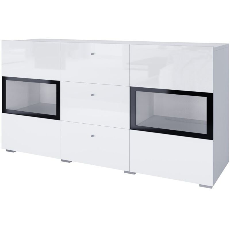Meublorama - Buffet 2 portes et 3 tiroirs collection ramos. Coloris blanc brillant et noir