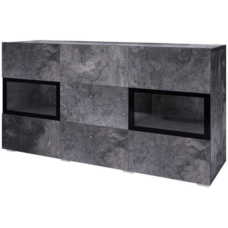 Meublorama - Buffet 2 portes et 3 tiroirs collection ramos. Coloris gris effet ardoise et noir