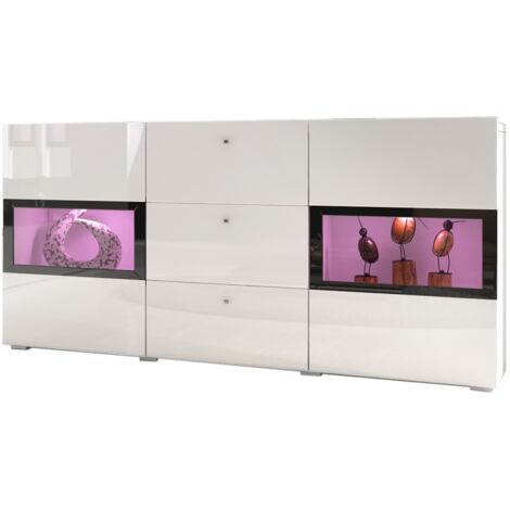 Buffet 2 portes et 3 tiroirs collection RAMOS. Éclairage LED intégré. Coloris blanc brillant et noir - Blanc