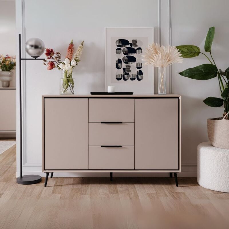 Buffet 2 portes et 3 tiroirs couleur sable et détails noirs 135x90H cm - Borgo
