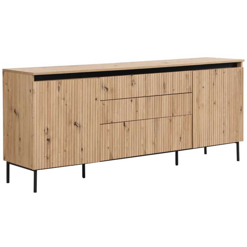 Vente-unique - Buffet 2 portes et 3 tiroirs en mdf et métal - Avec LEDs - Naturel et Noir - vidaleo