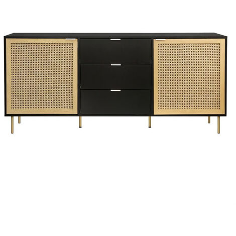 Buffet 2 portes et 3 tiroirs - MDF laqué noir et cannage en rotin naturel - L 180 x P 40 x H 80 cm - HARROD