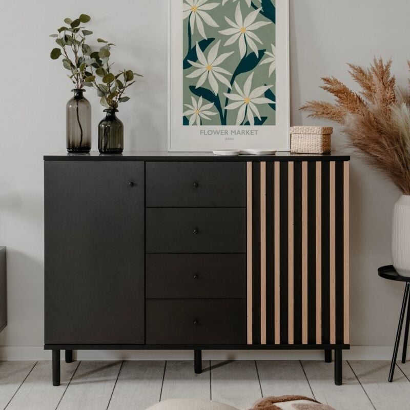 Buffet 2 portes et 4 tiroirs noir avec moulures en chêne 118x90H cm - Bresso