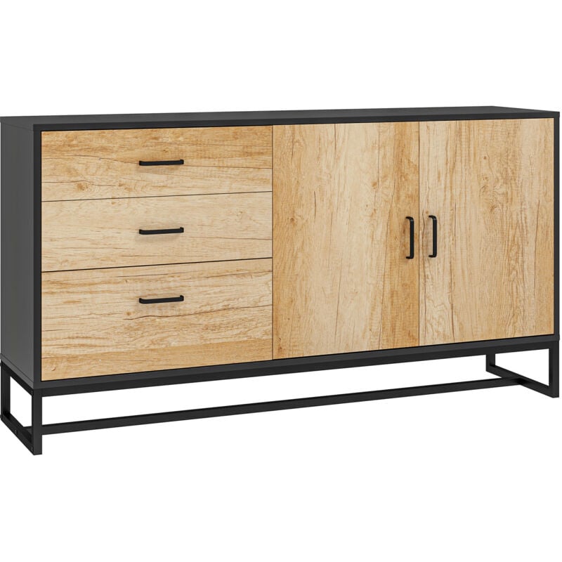 Buffet 2 portes étagère 3 tiroirs poignées alu piètement acier noir effet bois