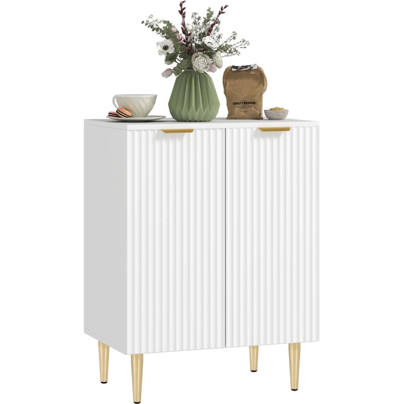 Buffet 2 portes étagère design effet cannelé piètement poignées métal doré blanc