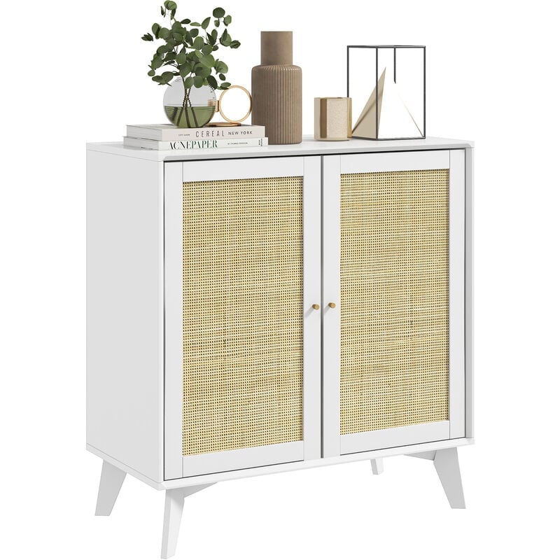 Homcom - Buffet 2 portes étagère réglable style bohème chic cannage en rotin panneaux mdf blanc