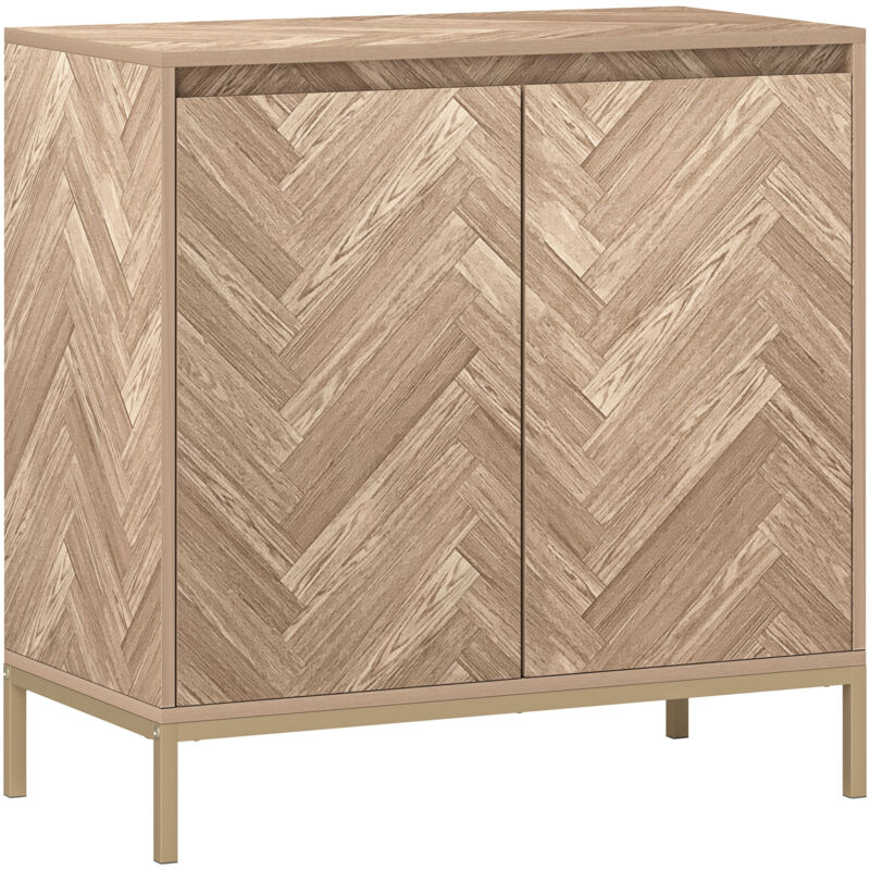 Buffet 2 portes étagère style nordique - piètement acier doré effet bois motif chevrons