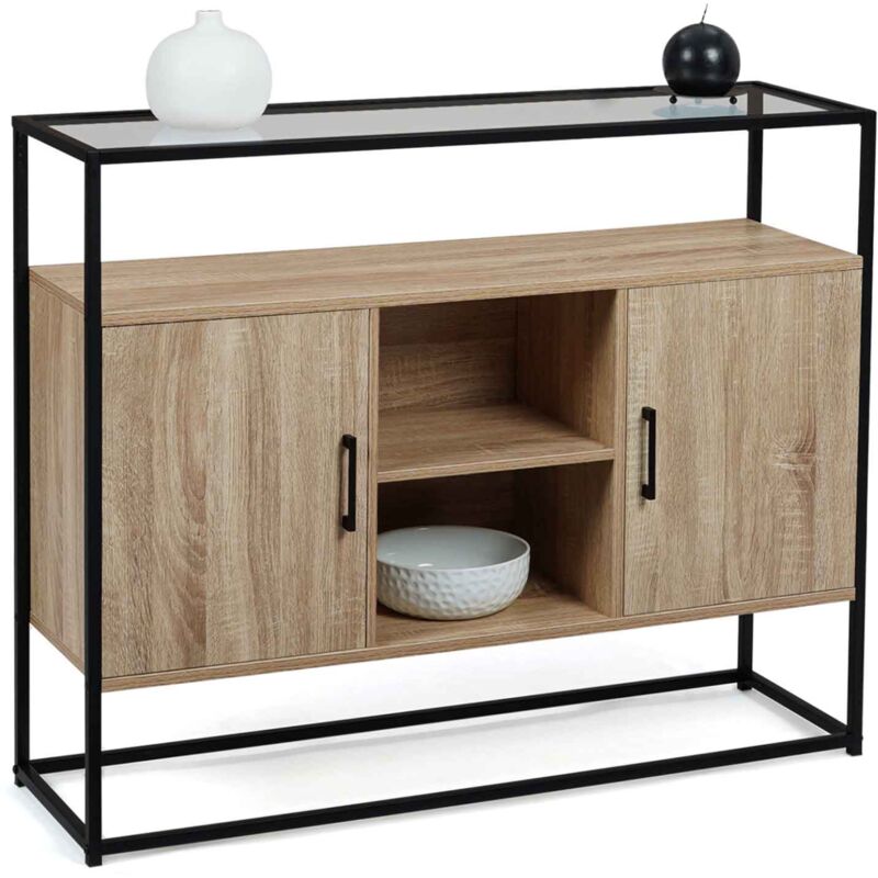 Buffet 2 portes 100 cm SOLANO plateau en verre et pied métal design industriel