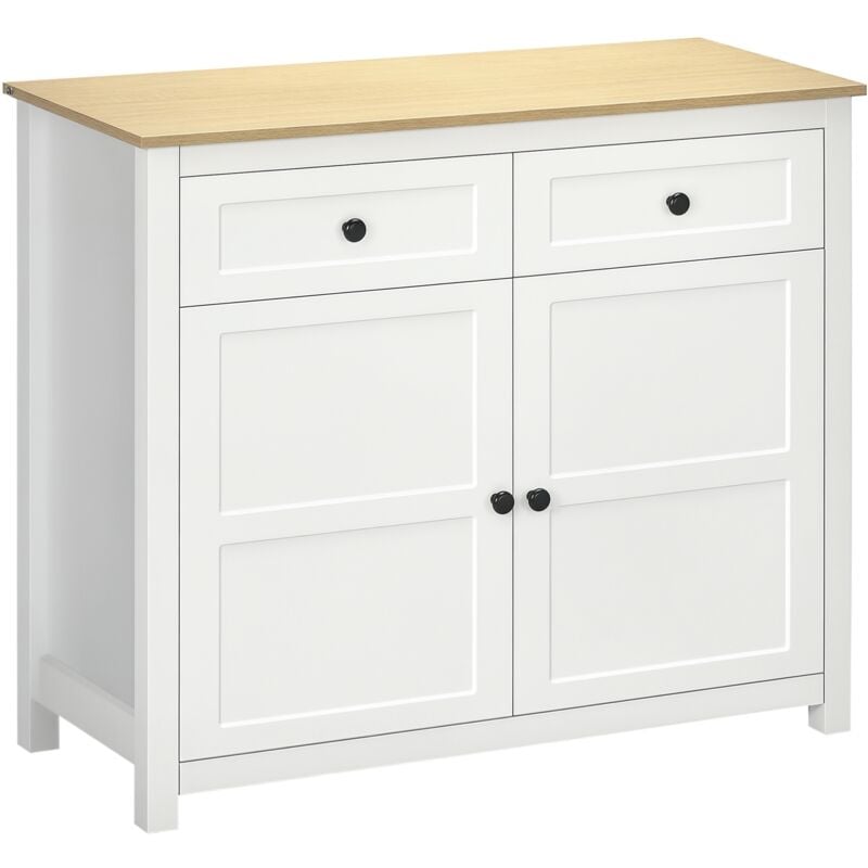 Homcom - Buffet 2 portes étagère réglable 2 tiroirs panneaux particules blanc aspect bois clair