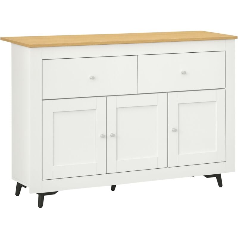 Homcom - Buffet 2 tiroirs 3 portes étagère dim. 117 x 35 x 80 cm poignées alu effet bois clair blanc