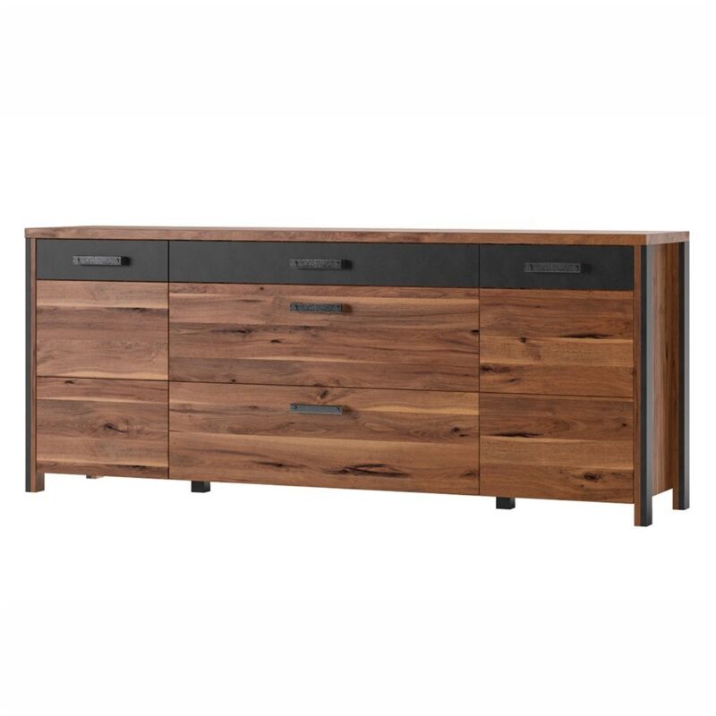 Meublorama - Buffet 200 cm collection windsor – Coloris chêne foncé et gris anthracite, dimensions 197x81x44 cm
