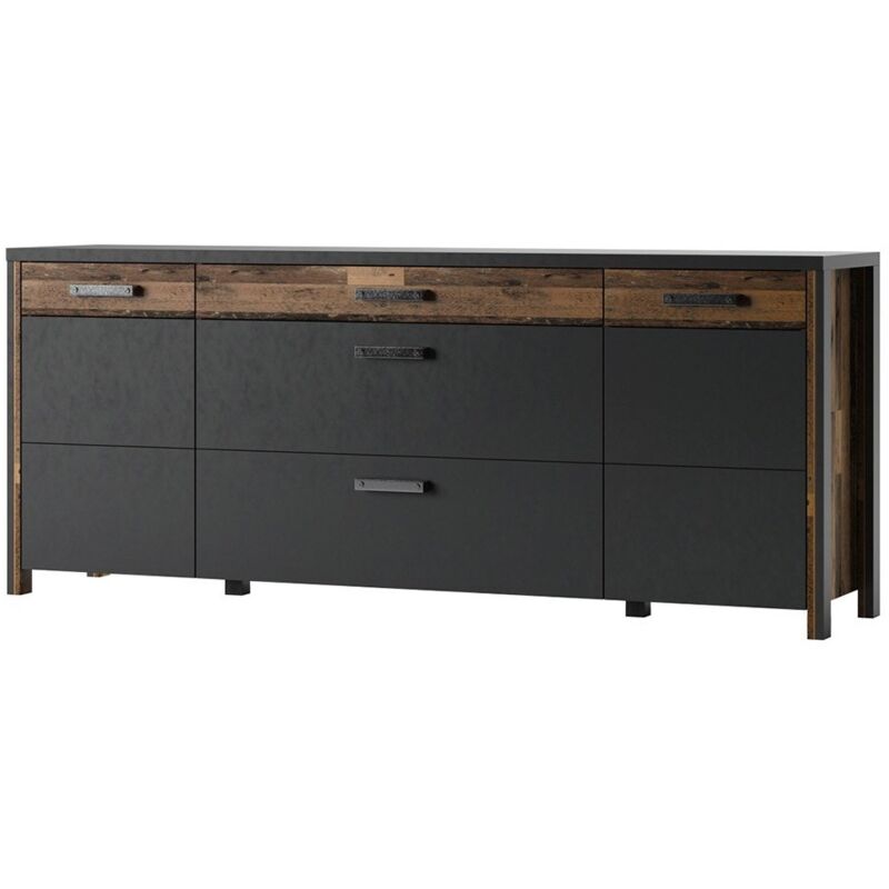 Meublorama - Buffet windsor gris anthracite et chêne foncé - 3 tiroirs et 2 portes - 196.8 x 80.6 x 44 cm
