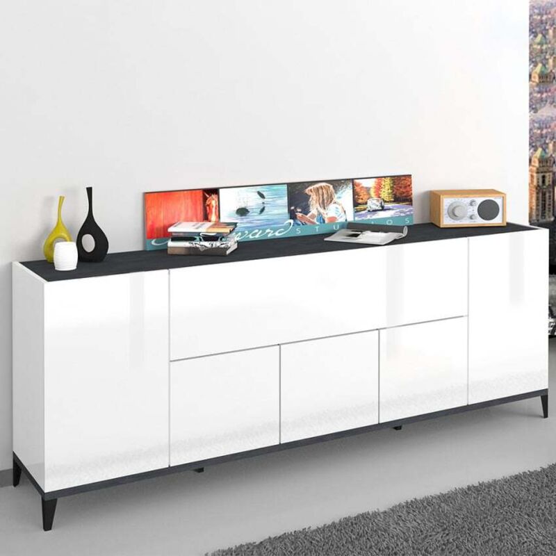 Buffet salon cuisine blanc 200x40cm design moderne 5 portes Stephanie.
