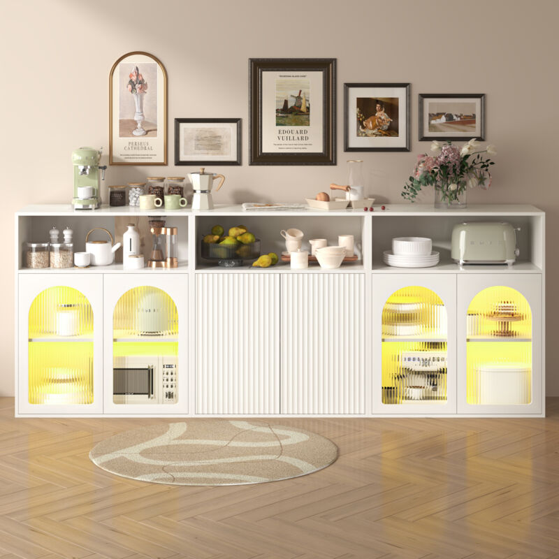 Buffet 210x35x90 cm, led, meuble de rangement, meuble indépendant pour cuisine maison salon, mdf, blanc