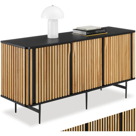 Tectake – Buffet 3 compartiments en bois d'eucalyptus laqué – Portes magnétiques – Étagères amovibles – Dimensions 156x45,5x74 cm