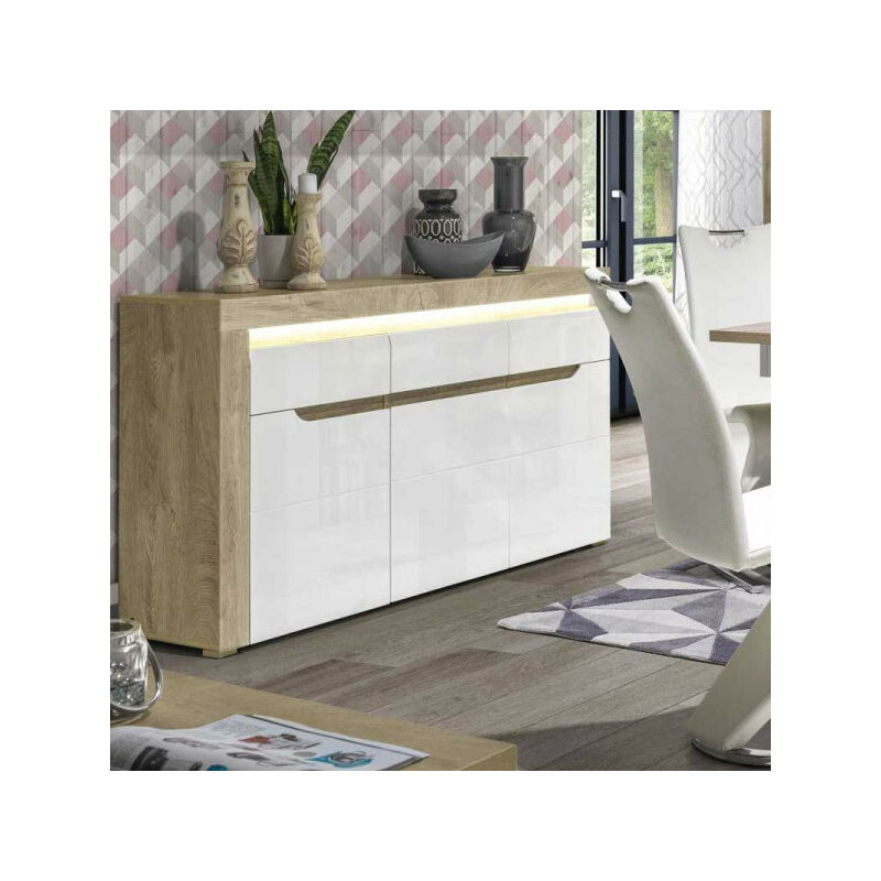 Buffet 3 portes 1 tiroir Blanc/Chêne à led - kiele - l 152 x l 39 x h 89 cm