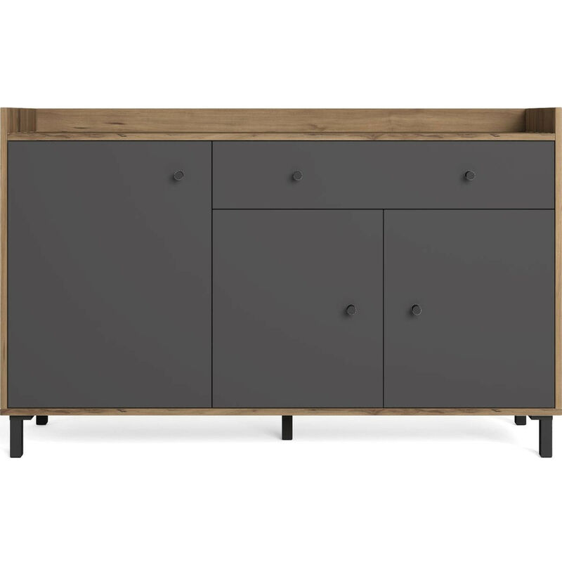 Homifab - Buffet 3 portes 1 tiroir gris anthracite et effet bois 136 cm - Aurelia