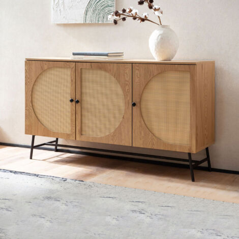 Buffet 3 portes 140x39x80 cm effet chêne et rotin - VITEL