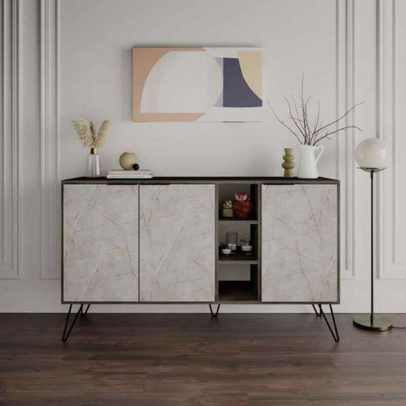 Buffet 3 portes 142 cm effet marbre blanc et structure café foncé - Clara