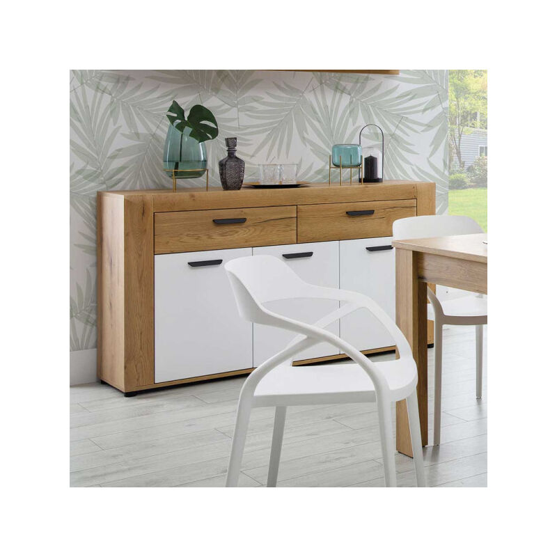 Buffet 3 portes 2 tiroirs Blanc/Bois clair - aboki - l 153 x l 40 x h 87.5 cm