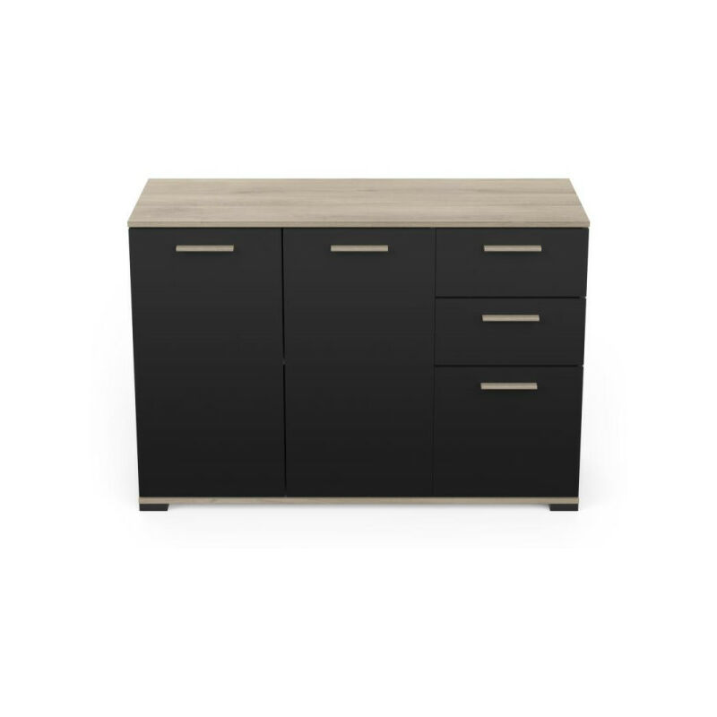 Buffet 3 portes 2 tiroirs Noir mat/Chêne clair - zily - l 120 x l 42 x h 82 cm