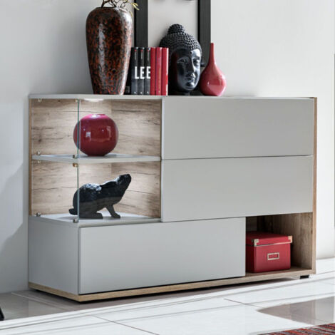 Buffet 3 Portes & 3 Niveaux "Silk" 120cm Gris Clair & Naturel