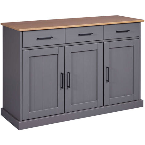 Buffet 3 portes 3 tiroirs 131x45x86 cm en pin massif gris - TERA