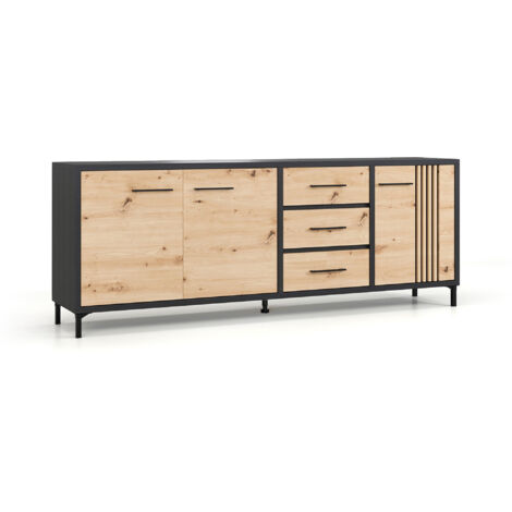 Buffet 3 portes 3 tiroirs décor naturel et gris foncé - BERINE